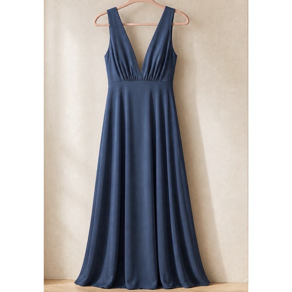 Jenny Yoo Collection Navy Deep V Neck Pleated Chiffon Maxi Dress Gown Sz 4 $285 - Picture 4 of 15